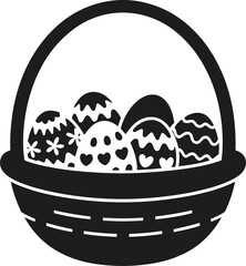 Black vector illustration of an Easter basket filled with decorated eggs on a white background