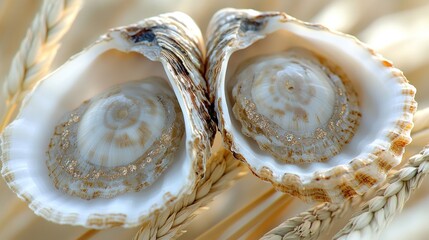 Two seashells, delicate, nestled on stalks