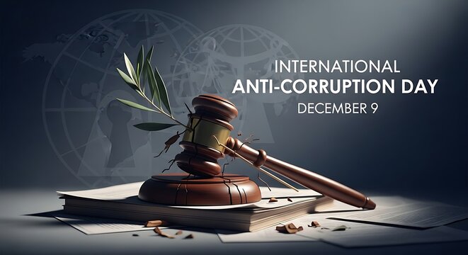 International Anti-Corruption Day, December 9: Broken gavel, olive branch, justice, integrity, and rule of law concept.