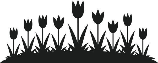 Black silhouette flower bed with tulips and grass on white background