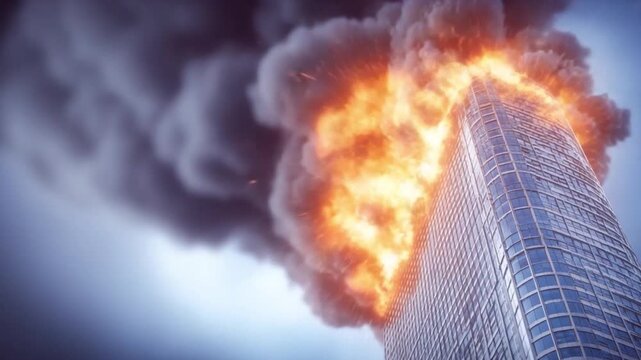 Burning High-Rise: A skyscraper engulfed in flames, a symbol of urban disaster, with smoke billowing against the sky, evoking a sense of crisis and destruction.