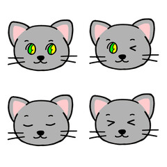 グレー猫の顔キラキラ,ウィンク,寝顔,笑顔のセット