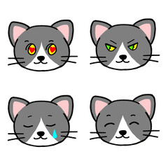 情が伝わる！ハチワレ猫の顔アイコン（喜怒哀LOVE）イラスト素材