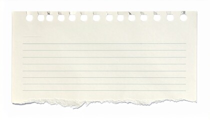 Blank lined notebook paper with torn edge, isolated on white background, perfect for notes, messages, or text overlays.