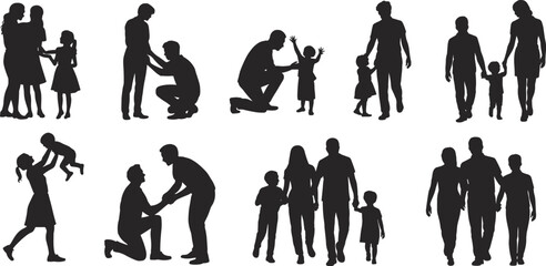 Family silhouettes, parents with children, parenting bond, father mother child, family love, caring moments, parenthood connection, family unity, childhood care