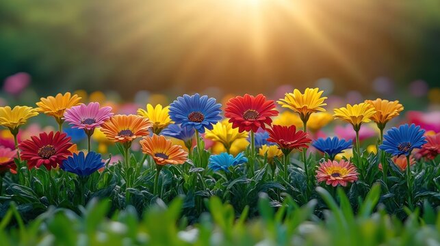 Vibrant flowers in a garden, bathed in sunlight