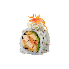 Delicious shrimp tempura sushi roll with avocado and toppings