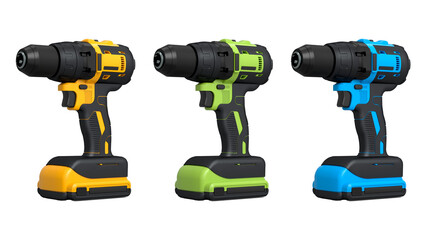 Set of cordless electric drills standing upright, isolated on white background with clipping path, power tool design concept