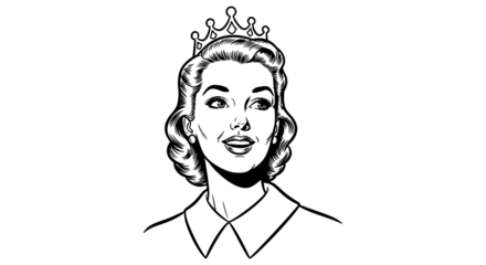 Retro queen with a crown isolated on transparent background looks to the side