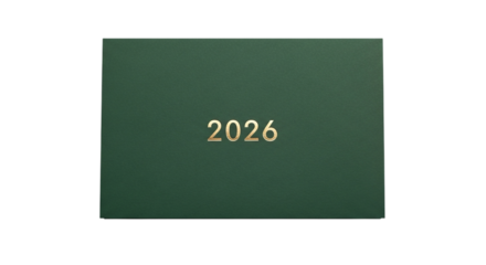 A 2026 green diary isolated on transparent background, symbolizing planning, organization, and future anticipation for the upcoming year, with a focus on time management