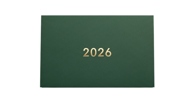 A 2026 green diary isolated on transparent background, symbolizing planning, organization, and future anticipation for the upcoming year, with a focus on time management