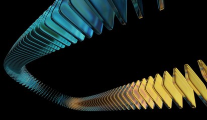 Glass chromatic cube block shapes render, blue teal orange caustic effect, abstract crystal pattern, neon light holographic gradient, 3D illustration showing black 3D background.