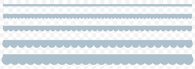 Scalloped edge seamless brush strokes set. Simple scalloped border. Fabric laces silhouette. Repeat cute vintage frill ornament. Texture ribbons. Vector illustration Blue color on Transparent. EPS 10.