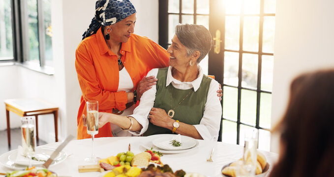 Home, talking and senior women with food, love and bonding together with nutrition. Apartment, friends and mature people with conversation, healthy meal and retirement with discussion and wellness