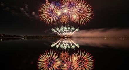 Spectacular fireworks display reflected on a calm lake at night