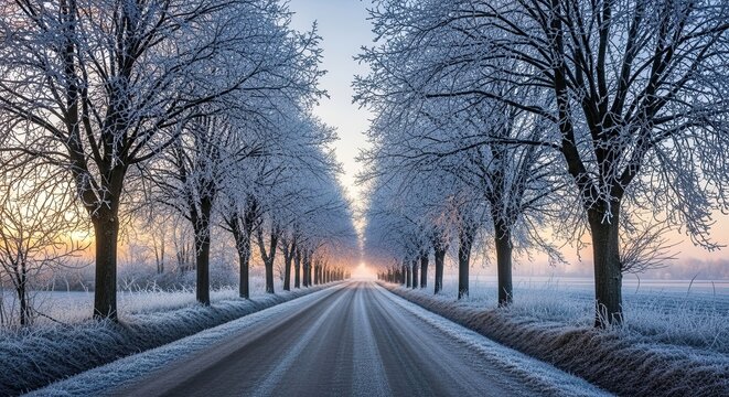 Snowy Tree Lined Road During Sunrise