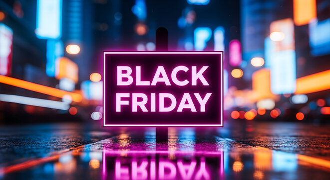 Black Friday Neon Sign with Motion Blur Effects and Vibrant City Lights for Dynamic Urban Shopping