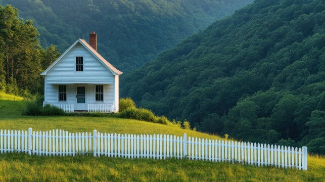 White farmhouse nestled on a grassy hill, framed by a white picket fence and lush green mountains
