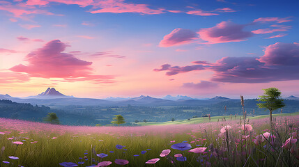 Vibrant sunset over a field of flowers with mountains in the distance, creating a beautiful landscape