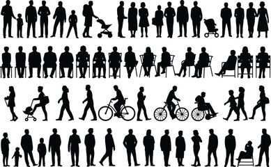 Silhouette people collection, diverse human figures, walking, sitting, standing, wheelchair, stroller, bicycle, family, children, elderly, urban lifestyle, accessibility, teamwork, interaction, 