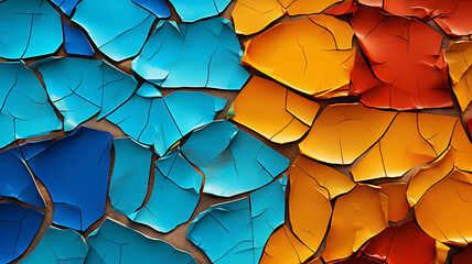 Cracked paint texture with blue and orange sections creates an abstract background