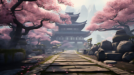 A serene japanese garden with cherry blossoms and a traditional pagoda structure