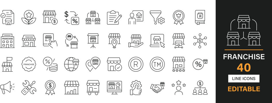 Franchise 40 editable line icons pack. Business, branch, license, expansion, network, distribution, retail, outlet, agreement, brand and more icons.
