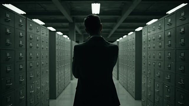 Silhouette of a businessman standing in dark archive room rows of file cabinets