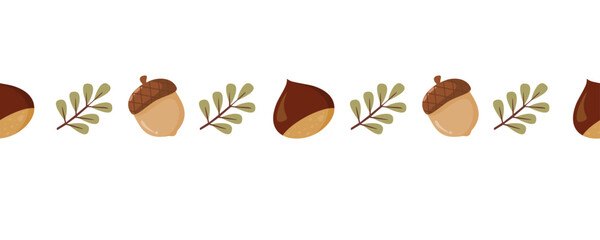 Elegant vector border divider featuring acorns, chestnuts, and autumn leaves. Can be usede for header, footer, decoration, greeting card and autumn theme illustration