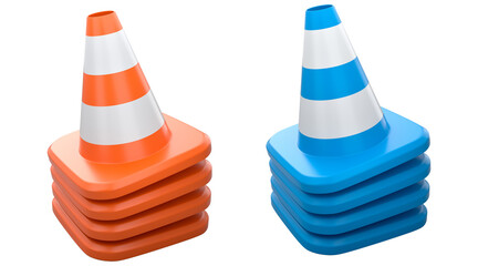 Traffic safety cones with white stripes, isolated on white background with clipping path. Concept of road safety equipment
