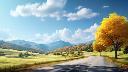 Picturesque country road with autumn trees and mountains on a sunny day landscape