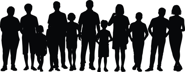 Silhouettes of diverse people, standing in row, black figures, adults and children, group diversity, human shapes, upright posture, isolated, inclusive concept, unity © Shami's World