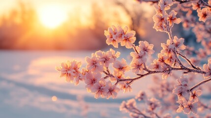 Winter blossoms at sunrise, snow-covered branches