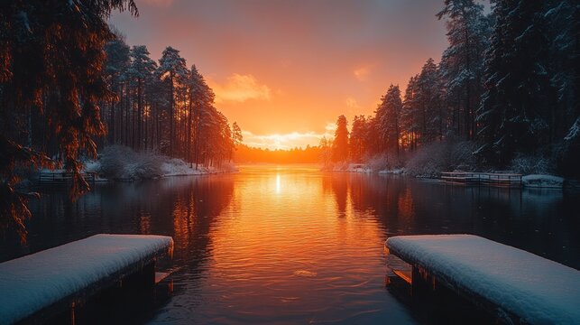 Winter sunrise over a snow-covered lake - Powered by Adobe