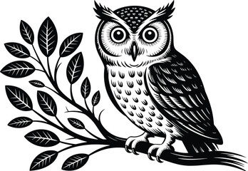 Stylized owl illustration, graphic bird artwork, monochrome blue design, perched owl on branch, nature leaves drawing, bold decorative animal art, wildlife vector silhouette