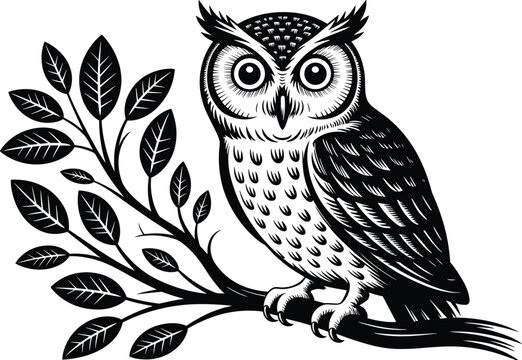 Stylized owl illustration, graphic bird artwork, monochrome blue design, perched owl on branch, nature leaves drawing, bold decorative animal art, wildlife vector silhouette
