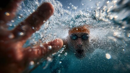 Swimmer is hand above water as lifeguard reaches out