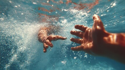 Swimmer is hand above water as lifeguard reaches out