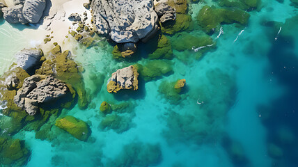Aerial view of a tropical beach with turquoise water and rock formations scenery
