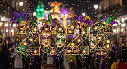 Mardi Gras Festival Celebration with Masks and Lights