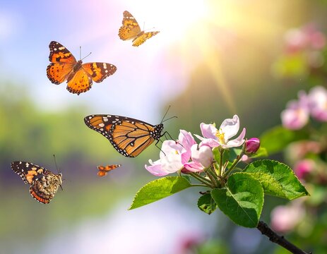 Several orange and black butterflies fly around pink blossoms with a bright sun, set against a green, blurred background - Powered by Adobe