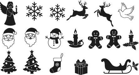 Christmas holiday black silhouette vector illustration, festive winter design with Santa, snowman, reindeer, angel, snowflake, candle, gift box, and Christmas tree