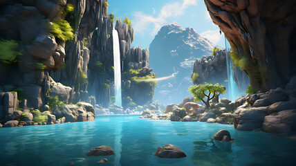 Waterfall in a mountain landscape with clear water and lush greenery in nature