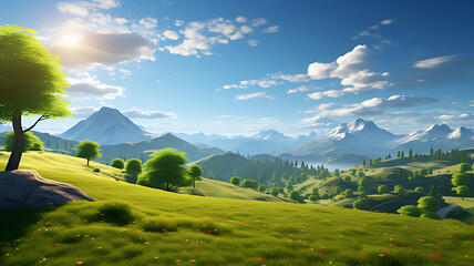 Lush green valley with rolling hills and distant mountains under a sunny sky