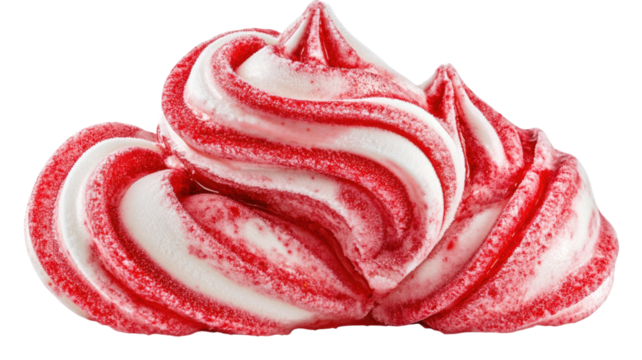 Variegated fruity raspberry swirl showing creamy dessert pattern with vibrant red color and delicious sweet texture detail isolated on white background