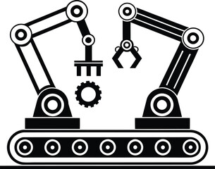 Illustration of two robotic arms working on a conveyor belt with a gear and a gripper present
