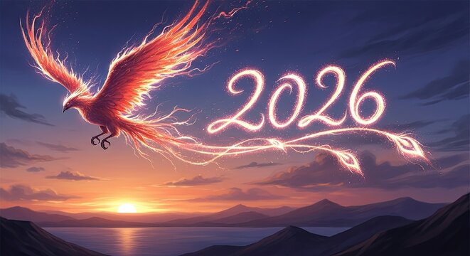 Phoenix of Light Welcomes the Year 2026 Sunrise Over Serene Landscape