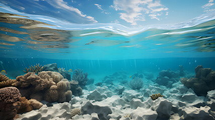 Underwater scene with coral reef, clear blue water and sunlight shining through the surface