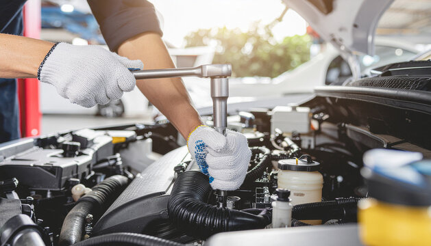 Mechanic Working on Car Engine Automotive Repair and Maintenance in a Workshop Environment