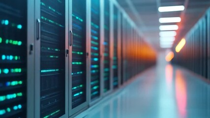 Data center server racks infrastructure technology computing network hallway glowing lights digital information processing - Powered by Adobe